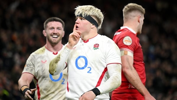 LONDON, ENGLAND - FEBRUARY 07: Henry Pollock of England celebrates scoring a try, which is later awarded as a penalty try after a TMO review during the Guinness Six Nations 2026 match between England and Wales at Allianz Stadium on February 07, 2026 in Lo