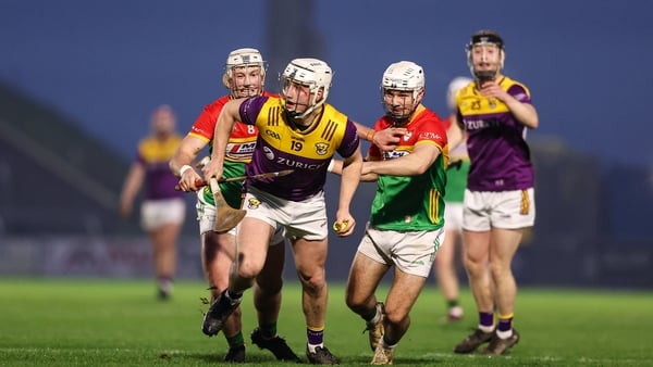 7 February 2026; Jack Redmond of Wexford in action against Fiachra Fitzpatrick, left, and Donagh Murphy of Carlow during the Allianz Hurling League Division 1B match between Wexford and Carlow at Chadwicks Wexford Park in Wexford. Photo by Michael P Ryan/