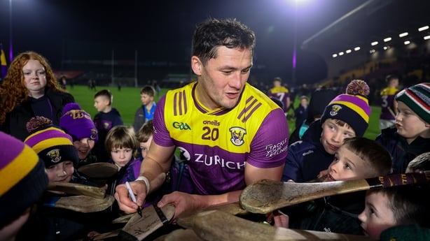 7 February 2026; Lee Chin of Wexford signa autographs for supporters after the Allianz Hurling League Division 1B match between Wexford and Carlow at Chadwicks Wexford Park in Wexford. Photo by Michael P Ryan/Sportsfile
