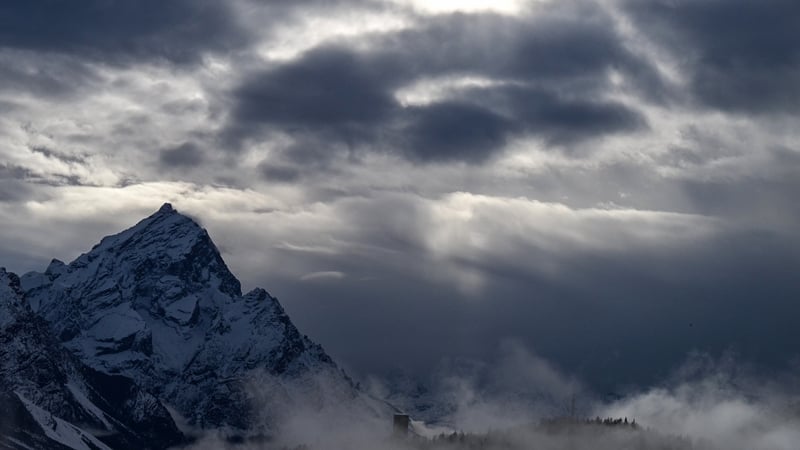 This photograph taken on February 6, 2026 shows a general view of the Dolomite mountains before the second official training for the women's downhill event ahead of the Milano Cortina 2026 Winter Olympic Games at the Tofane Alpine Skiing Centre in Cortina