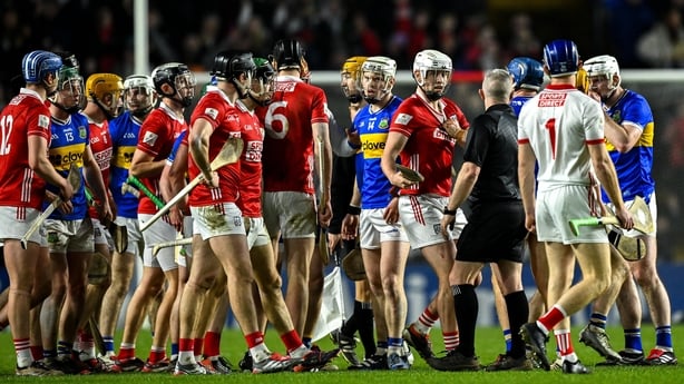 7 February 2026; Referee Liam Gordon tries to restore order during the Allianz Hurling League Division 1A match between Cork and Tipperary at SuperValu Páirc Ui Chaoimh in Cork. Photo by Ray McManus/Sportsfile
