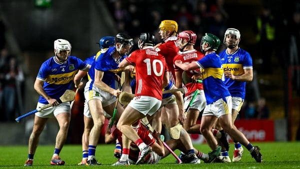 7 February 2026; Players of both sides jostle each other, just before half-time, during the Allianz Hurling League Division 1A match between Cork and Tipperary at SuperValu Páirc Ui Chaoimh in Cork. Photo by Ray McManus/Sportsfile