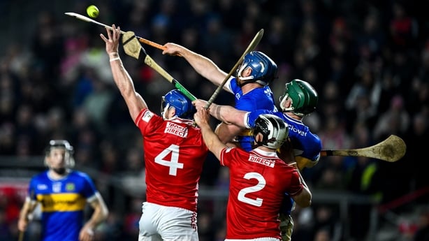 7 February 2026; Seán O'Donoghue of Cork wins possession ahead of his team mate Ger Millerick and Tipperary forwaeds Darragh Stekelum and Jason Forde during the Allianz Hurling League Division 1A match between Cork and Tipperary at SuperValu Páirc Ui Chaoimh in Cork. Photo by Ray McManus/Sportsfile