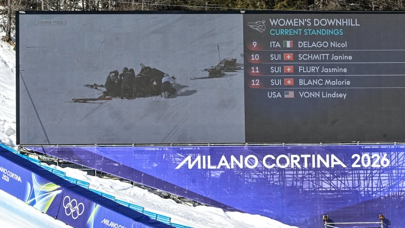 A giant screen shows US' Lindsey Vonn receiving assistance