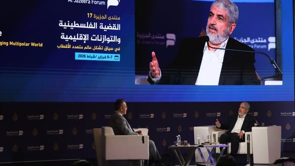 Hamas's foreign affairs chief and former Political Bureau head Khaled Mashal speaks on stage