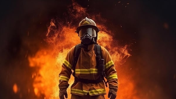 generic image of a fully-suited and masked fire-fighter, against a blazing backdrop