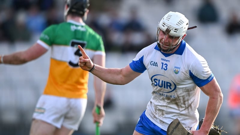 8 February 2026; Reuben Halloran of Waterford celebrates after scoring his side's first goal during the Allianz Hurling League Division 1A match between Waterford and Offaly at Azzuri Walsh Park in Waterford. Photo by Shauna Clinton/Sportsfile