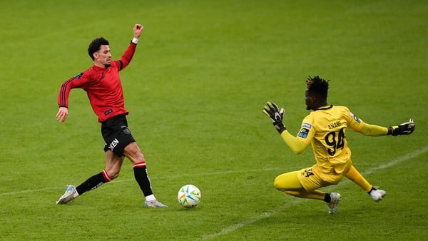 St Patrick's Athletic goalkeeper Joseph Anang saves from Bohemians' Connor Parsons, Premier Division, February 2026