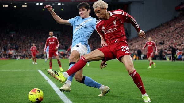 Hugo Ekitike of Liverpool is challenged by Abdukodir Khusanov of Manchester City during the Premier League match between Liverpool and Manchester City at Anfield on February 08, 2026 in Liverpool, England. (Photo by Michael Regan/Getty Images)