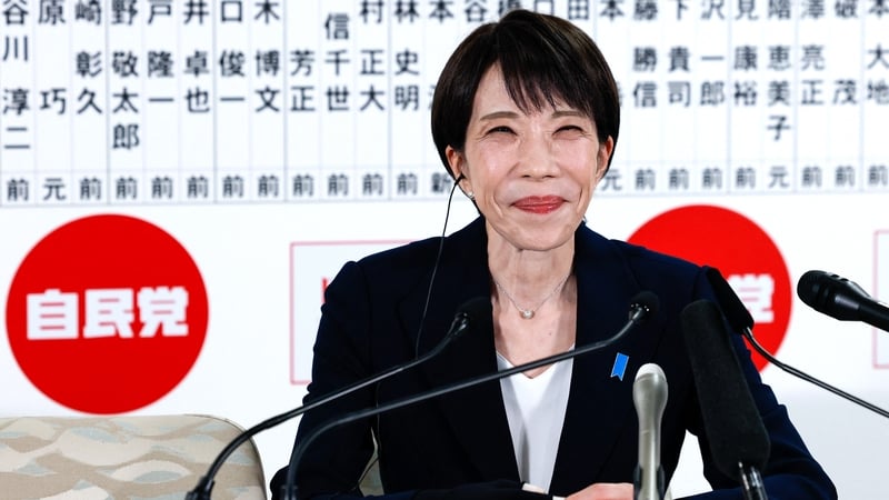 Japan's Prime Minister and President of the Liberal Democratic Party (LDP) Sanae Takaichi reacts as she speaks with media on the House of Representatives election day at the LDP headquarters in Tokyo on February 8, 2026. (Photo by Kim Kyung-Hoon / POOL /