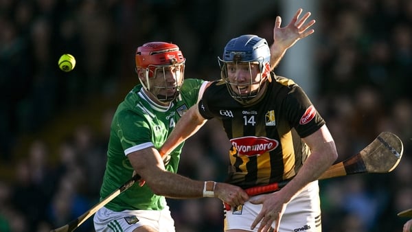 8 February 2026; John Donnelly of Kilkenny is tackled by Barry Nash of Limerick during the Allianz Hurling League Division 1A match between Limerick and Kilkenny at TUS Gaelic Grounds in Limerick. Photo by Ray McManus/Sportsfile