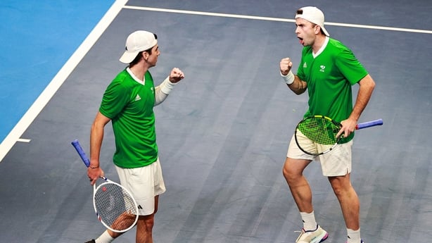 8 February 2026; Conor Gannon, right, and Charlie Barry of Ireland celebrate scoring a winning point during the doubles match against Taym Alazmeh and Hazem Naw of Syria on day two of the Davis Cup World Cup Group II play-off match between Ireland and Syria at UL Arena in Limerick. Photo by Thomas F
