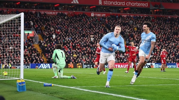 Erling Haaland of Manchester City celebrates after scoring a goal to make it 1-2 during the Premier League match between Liverpool and Manchester City at Anfield on February 8, 2026 in Liverpool, United Kingdom. (Photo by Robbie Jay Barratt - AMA/Getty Im
