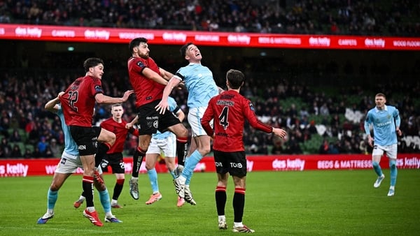 8 February 2026; Jordan Flores of Bohemians in action against Joe Redmond of St Patrick's Athletic during the SSE Airtricity Men's Premier Division match between Bohemians and St Patrick's Athletic at the Aviva Stadium in Dublin. Photo by Seb Daly/Sportsf