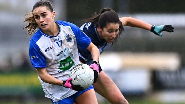 Kellyann Hogan of Waterford in action against Rachel Hartnett of Dublin during the Lidl Ladies National Football League Division 1 Round 3 match between Waterford and Dublin at Dungarvan GAA Club in Dungarvan, Waterford. Photo by Tyler Miller/Sportsfile