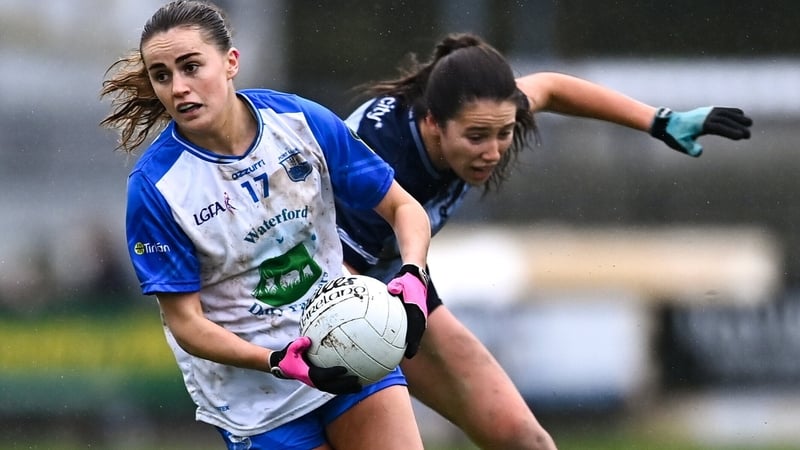 Kellyann Hogan of Waterford in action against Rachel Hartnett of Dublin during the Lidl Ladies National Football League Division 1 Round 3 match between Waterford and Dublin at Dungarvan GAA Club in Dungarvan, Waterford. Photo by Tyler Miller/Sportsfile