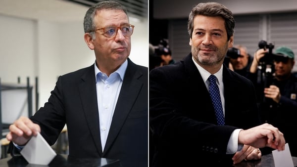 (COMBO) This combination of pictures created on February 8, 2026 shows socialist candidate Antonio Jose Seguro (L) casting his vote in Caldas da Rainha and far-right wing candidate Andre Ventura voting in Lisbon, on February 8, 2026, during the second rou
