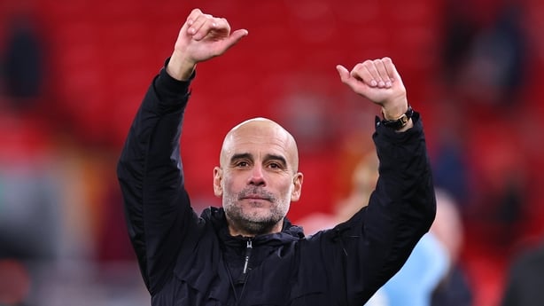 LIVERPOOL, ENGLAND - FEBRUARY 8: Pep Guardiola Manager / Head Coach of Manchester City celebrates at full time during the Premier League match between Liverpool and Manchester City at Anfield on February 8, 2026 in Liverpool, United Kingdom. (Photo by Robbie Jay Barratt - AMA/Getty Images)