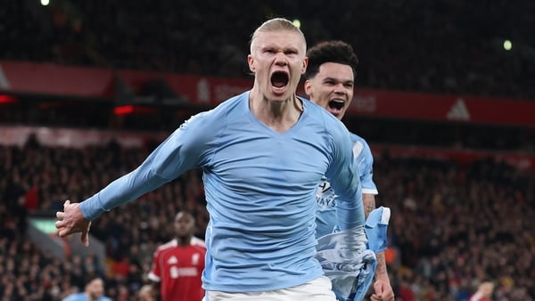 LIVERPOOL, ENGLAND - FEBRUARY 08: Erling Haaland of Manchester City celebrates scoring his team's second goal from the penalty spot during the Premier League match between Liverpool and Manchester City at Anfield on February 08, 2026 in Liverpool, England