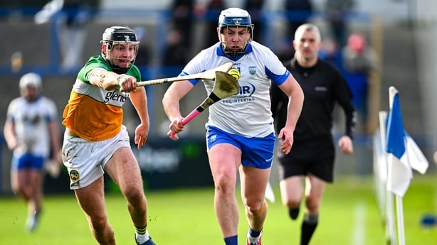 8 February 2026; Stephen Bennett of Waterford is tackled by Dan Ravenhill of Offaly during the Allianz Hurling League Division 1A match between Waterford and Offaly at Azzuri Walsh Park in Waterford. Photo by Shauna Clinton/Sportsfile