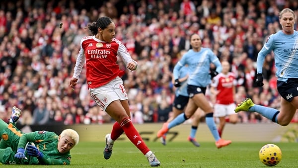 LONDON, ENGLAND - FEBRUARY 08: Olivia Smith of Arsenal scores her team's first goal past Ayaka Yamashita of Manchester City during the Barclays Women's Super League match between Arsenal and Manchester City at Emirates Stadium on February 08, 2026 in Lond