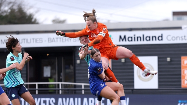 BROMLEY, ENGLAND - FEBRUARY 08: Courtney Brosnan of Everton clears the ball, as she clashes with Ruby Mace of Everton and Isobel Goodwin of London City Lionesses during the Barclays Women's Super League match between London City Lionesses and Everton at Copperjax Community Stadium on February 08, 20