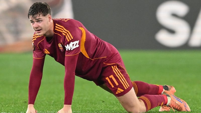 ROME, ITALY - JANUARY 22: Evan Ferguson of AS Roma looks on during the UEFA Europa League 2025/26 League Phase MD7 match between AS Roma and VfB Stuttgart at Stadio Olimpico on January 22, 2026 in Rome, Italy. (Photo by Giuseppe Bellini/Getty Images)