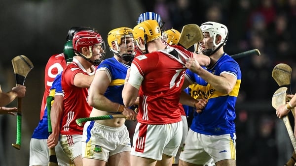 7 February 2026; A skirmish near the end of the first half during the Allianz Hurling League Division 1A match between Cork and Tipperary at SuperValu Páirc Ui Chaoimh in Cork. Photo by Ray McManus/Sportsfile