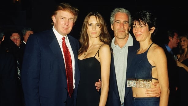 Donald Trump, his wife Melania, Jeffrey Epstein and Ghislaine Maxwell pose together at the Mar-a-Lago club.