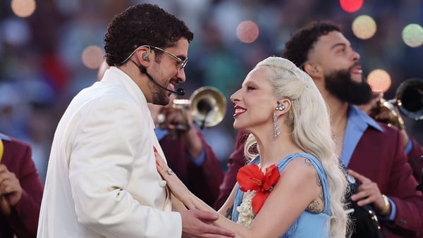 Bad Bunny and Lady Gaga perform onstage during the 2026 Super Bowl LX Halftime Show