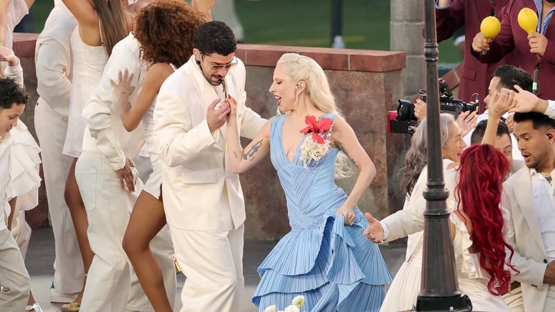 Lady Gaga performs with Bad Bunny onstage during the Apple Music Super Bowl LX Halftime Show at Levi's Stadium