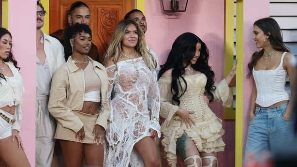 Pedro Pascal, Karol G, Cardi B and Jessica Alba perform onstage during the Apple Music Super Bowl LX Halftime Show at Levi's Stadium 