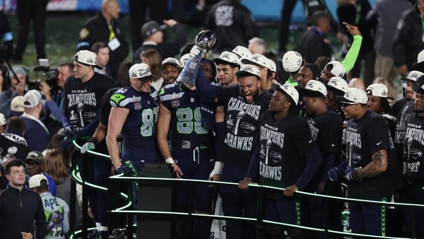 Seattle Seahawks celebrate with the Vince Lombardi Trophy after the Seattle Seahawks defeat the New England Patriots 29-13 in Super Bowl LX on February 8, 2026, at Levi's Stadium in Santa Clara, CA. (Photo by Matthew Huang/Icon Sportswire)