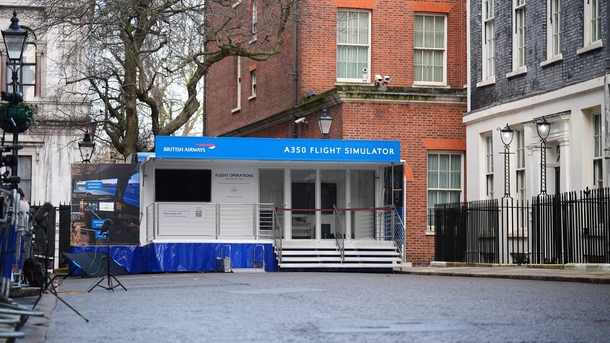 A British Airways A350 flight simulator in Downing Street