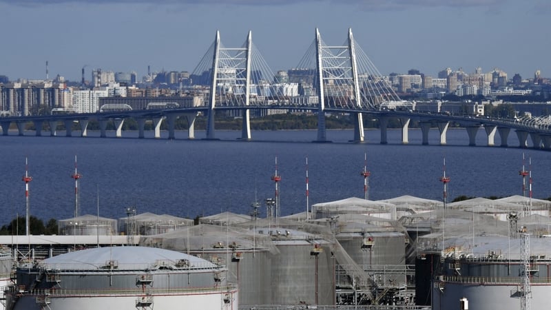 A view of the oil terminal, in the port with the Petersburg Bridge in the background, in Saint Petersburg, on September, 26, 2025
