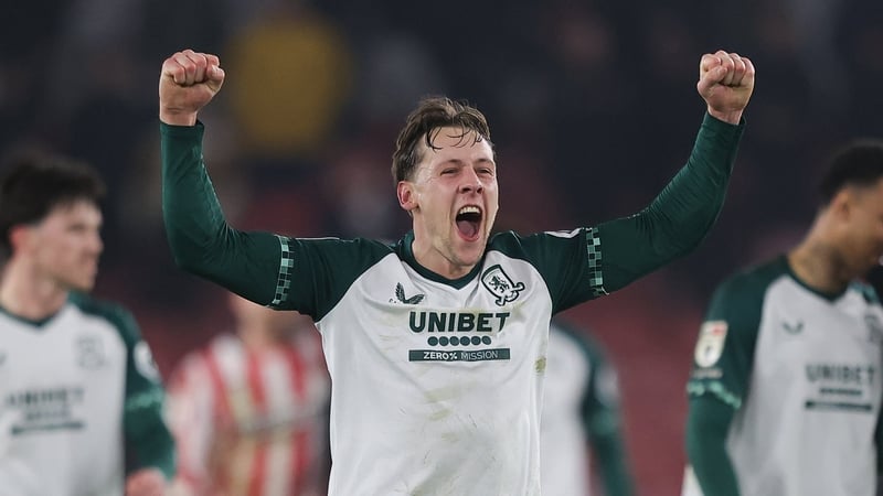 SHEFFIELD, ENGLAND - FEBRUARY 09: Callum Brittain of Middlesbrough celebrates during the Sky Bet Championship match between Sheffield United and Middlesbrough at Bramall Lane on February 09, 2026 in Sheffield, England. (Photo by James Gill - Danehouse/Get