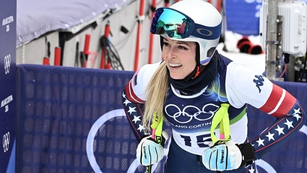 Lindsey Vonn reacts during an official training for the women's downhill event during the Milano Cortina 2026 Winter Olympic Games at the Tofane Alpine Skiing Centre in Cortina d’Ampezzo on February 7, 2026