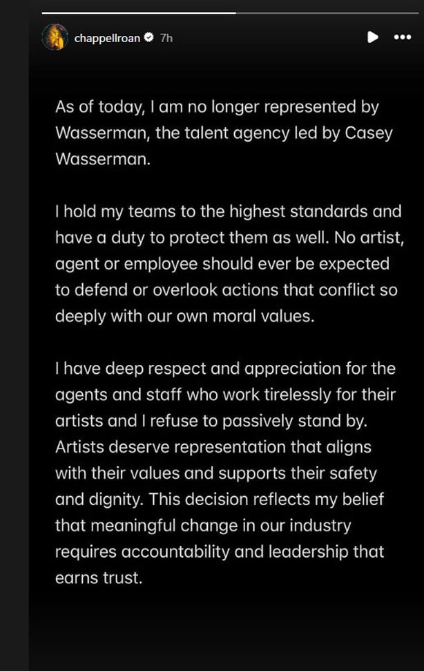 Screenshot of a statement by Chappell Roan on Instagram