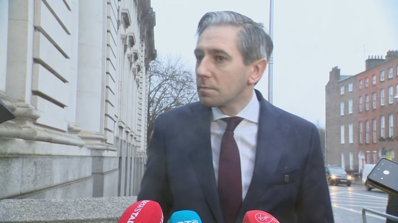 a screengrab of simon harris speaking to reporters