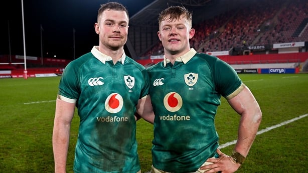 6 February 2026; Brothers Zac Ward, left, and Bryn Ward of Ireland XV after the representative fixture rugby union match between Ireland XV and England A at Thomond Park in Limerick. Photo by Ramsey Cardy/Sportsfile