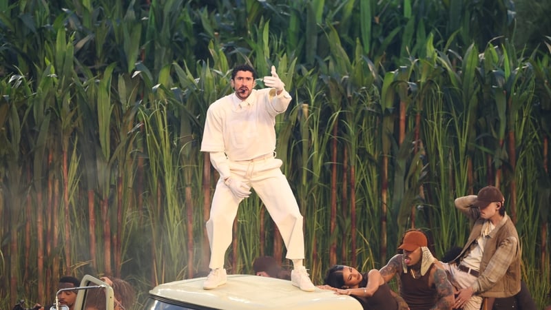 Football: Super Bowl LX: Musician Bad Bunny performs during the Apple Music Halftime Show during the Seattle Seahawks vs New England Patriots game at Levi’s Stadium. 
Santa Clara, CA 2/8/2026 
CREDIT: Jamie Schwaberow (Photo by Jamie Schwaberow/Sports Ill