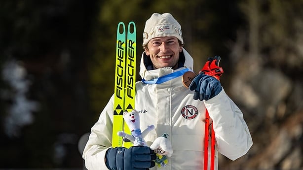 Sturla Holm Laegreid of Team Norway poses for a picture during the medal ceremony 