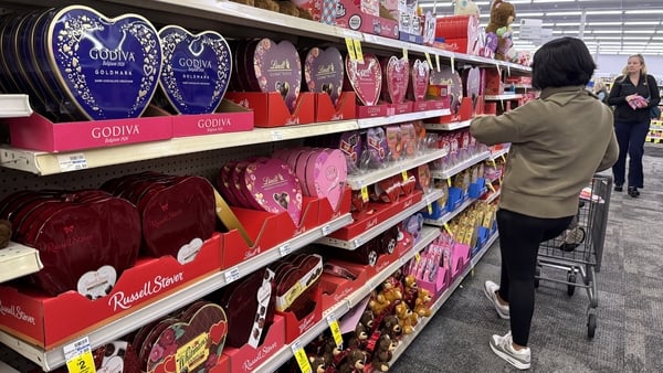 GREENBRAE, CALIFORNIA - FEBRUARY 12: Boxes of Valentine's Day chocolates are displayed on a shelf at a CVS store on February 12, 2025 in Greenbrae, California. Valentine's Day chocolates could cost up to 20 percent more this year as cocoa prices have surg
