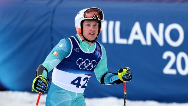 BORMIO, ITALY - FEBRUARY 11: Cormac Comerford of Team Ireland reacts in the finish area during the Men's Super G on day five of the Milano Cortina 2026 Winter Olympics at Stelvio Alpine Skiing Centre on February 11, 2026 in Bormio, Italy. (Photo by Sean M