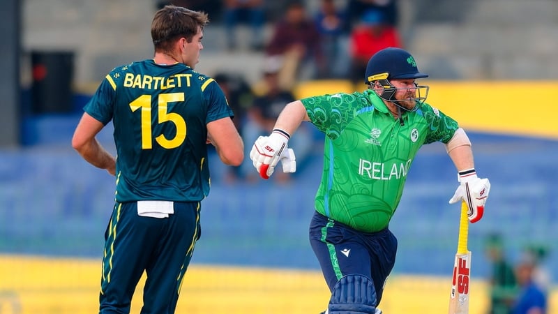 11 February 2026; Paul Stirling of Ireland limps hurt during the ICC Men's T20 World Cup group stage match between Australia and Ireland at R.Premadasa Stadium in Colombo, Sri Lanka. Photo by Viraj Kothalawala/Sportsfile