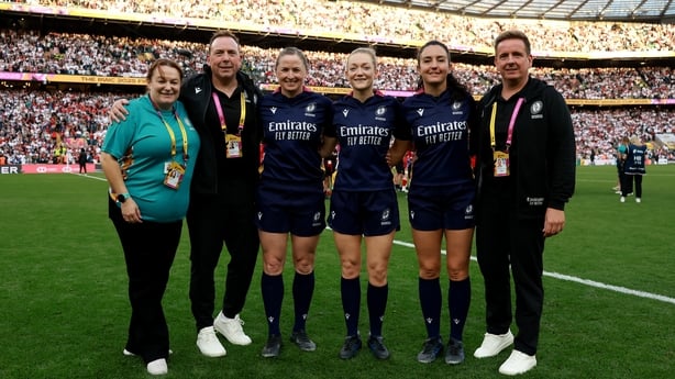 LONDON, ENGLAND - SEPTEMBER 27: Match Officials Leo Colgan, Aimee Barrett-Theron, Hollie Davidson, Clara Munarini and Matteo Liperini pose for a photo after the Women's Rugby World Cup 2025 Final match between Canada and England at Allianz Stadium on September 27, 2025 in London, England. (Photo by 