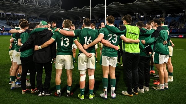7 February 2026; The Ireland team huddle after the U20 Six Nations Rugby Championship match between France and Ireland at Stade Amie Giral in Perpignan, France. Photo by Brendan Moran/Sportsfile