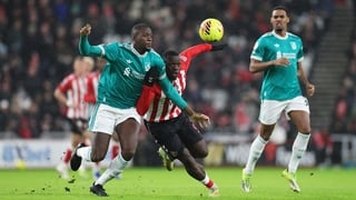 Brian Brobbey of Sunderland and Ibrahima Konate of Liverpool battle for possession of the ball during the Premier League match between Sunderland and Liverpool at Stadium of Light on February 11, 2026 in Sunderland, England. (Photo by Stu Forster/Getty Im