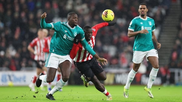 Brian Brobbey of Sunderland and Ibrahima Konate of Liverpool battle for possession of the ball during the Premier League match between Sunderland and Liverpool at Stadium of Light on February 11, 2026 in Sunderland, England. (Photo by Stu Forster/Getty Im