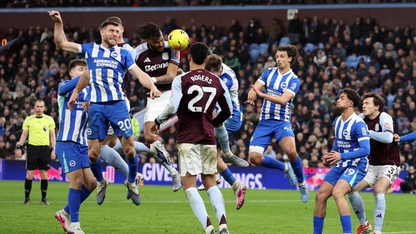Tyrone Mings of Aston Villa scores against Brighton in Premier League, February 2026